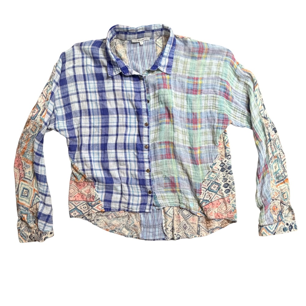 Miss Me Mixed Media Plaid Paisley Patchwork Button Down Shirt Blue Green Medium